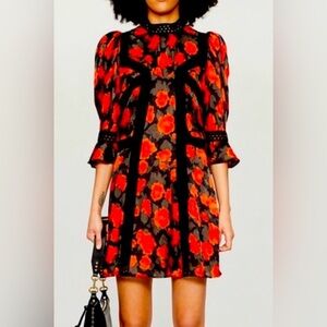 The Kooples Red and Black Floral Long Sleeve Dress